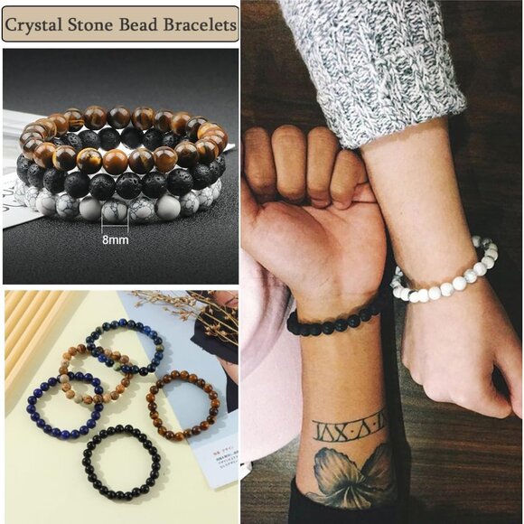 12Pcs Gemstone Beaded Stretch Bracelets Set Unisex Crystal Stone Jewelry - Picture 2 of 7